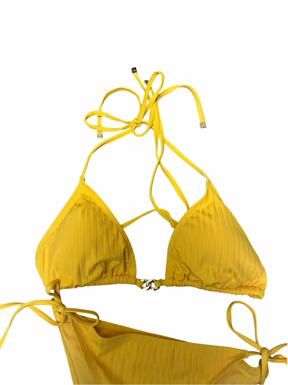 Michael Kors Yellow Ribbed Triangle Bikini Set Gold Hardware NWT Size Large
